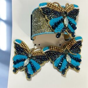 Blue/Gold Beaded Butterfly Bracelet,Earrings & Ring